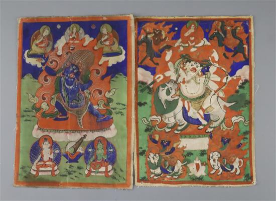 A set of five Tibetan thangkas depicting Buddhist deities, late 19th century, each 20 x 14cm